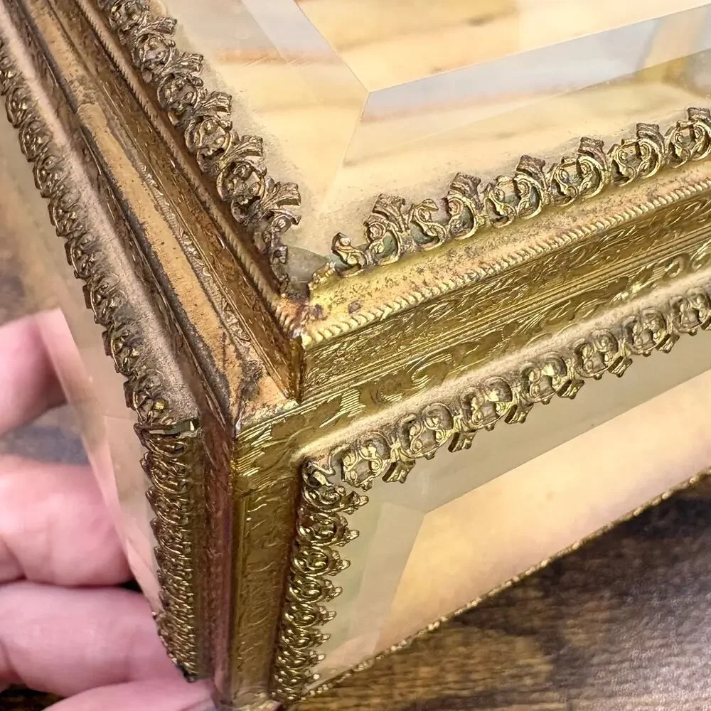 Vintage French‎ Jewelry Box Footed Casket Ormulu Filigree Beveled Glass Regency